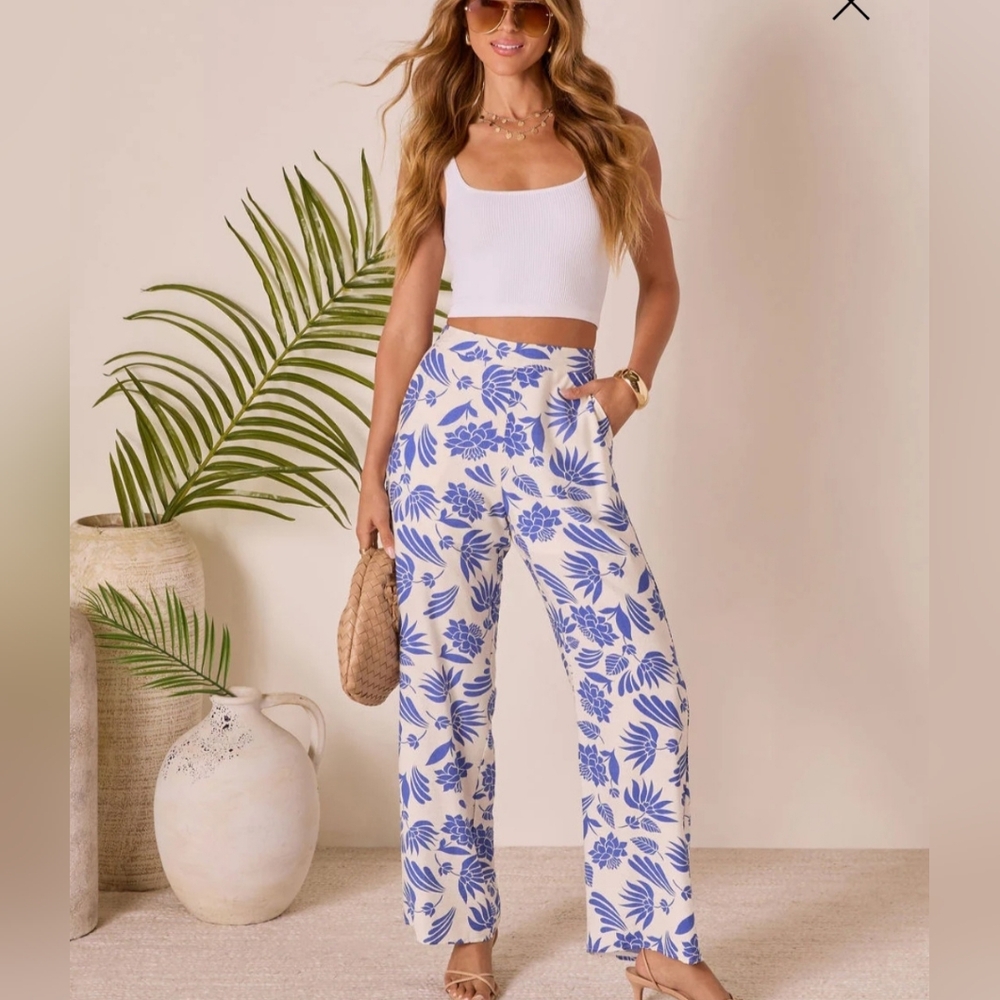 Vici Blue and White Floral Wide Leg Pants